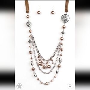 All The Trimmings Brown Ribbon and Pearl Silver Necklace Fashion Jewelry Paparaz